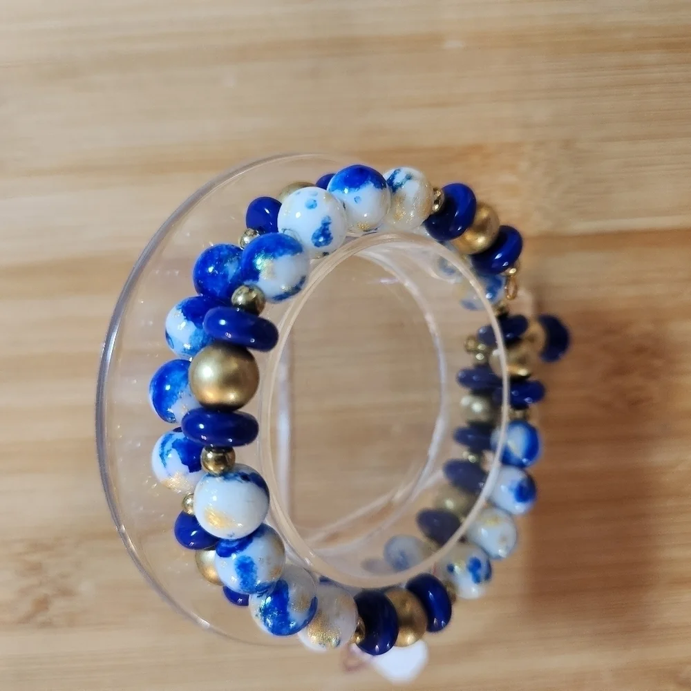 Hand Crafted Memory Wire Wrap Bracelet Royal Blue Gold White Small/Medium